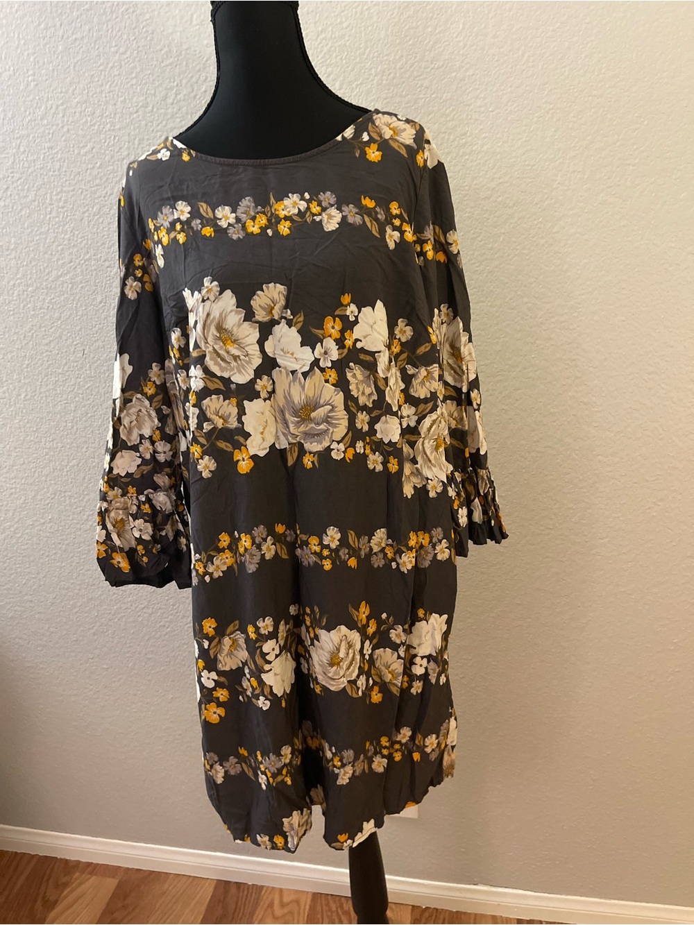 Old Navy Gray Dress with White and Mustard Floral Print